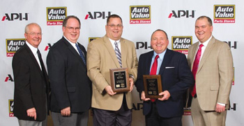 From left to right, are: John Bartlett, CEO of Automotive Parts Headquarters; Rich Vierkant, vice president of merchandising at Automotive Parts Headquarters; Doug Kubinak, vice president of sales at East Penn Manufacturing; Mark Hoffman, sales manager at East Penn Manufacturing; and Corey Bartlett, president of Automotive Parts Headquarters.
