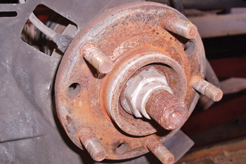 As this example illustrates, wheel bearing hubs live in a harsh environment of dirt, water and rust. The ABS wheel-speed sensor is attached at the 10 o’clock position.