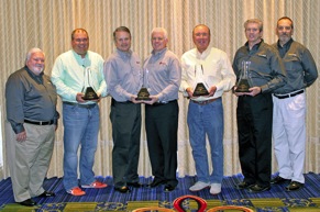 Pictured here are representatives of the past four winners of the R.L. Polk Inventory Efficiency Award; John R. Washbish - Aftermarket Auto Parts Alliance Headquarters, Corey Bartlett - Automotive Part Headquarters (2011 Winner), JR Moore and Joe Moore – Performance Warehouse (2013 Winner), Fred Bunting - Auto-Wares (2014 Winner), Dale Hopkins and Jerry Carnline - Aftermarket Auto Parts Alliance Headquarters (2012 Winner).